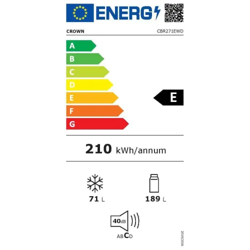 Crown CBR271EWD Ψυγειοκαταψύκτης 260lt, E (Υ177xΠ55xΒ58εκ) Λευκός